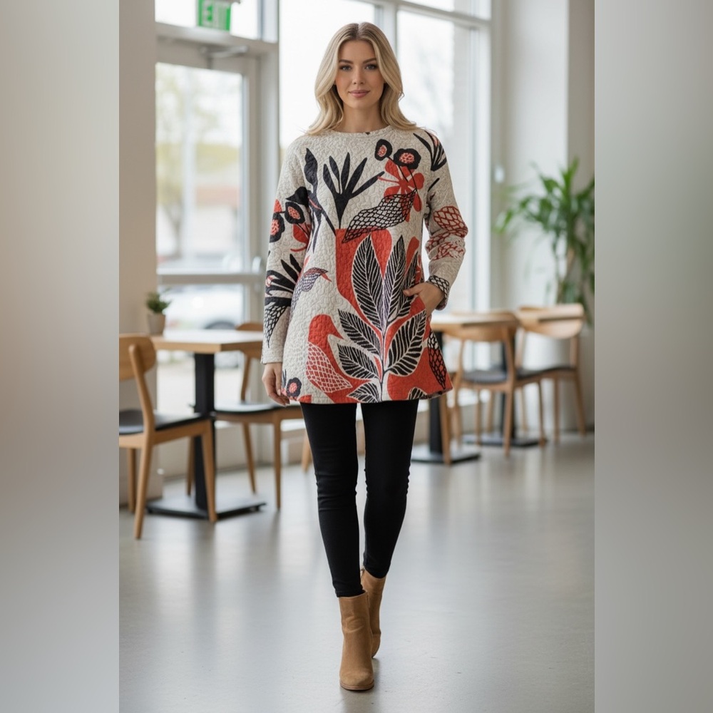 INOAH Red/black/cream Floral Patterned Women's Tunic top, Small